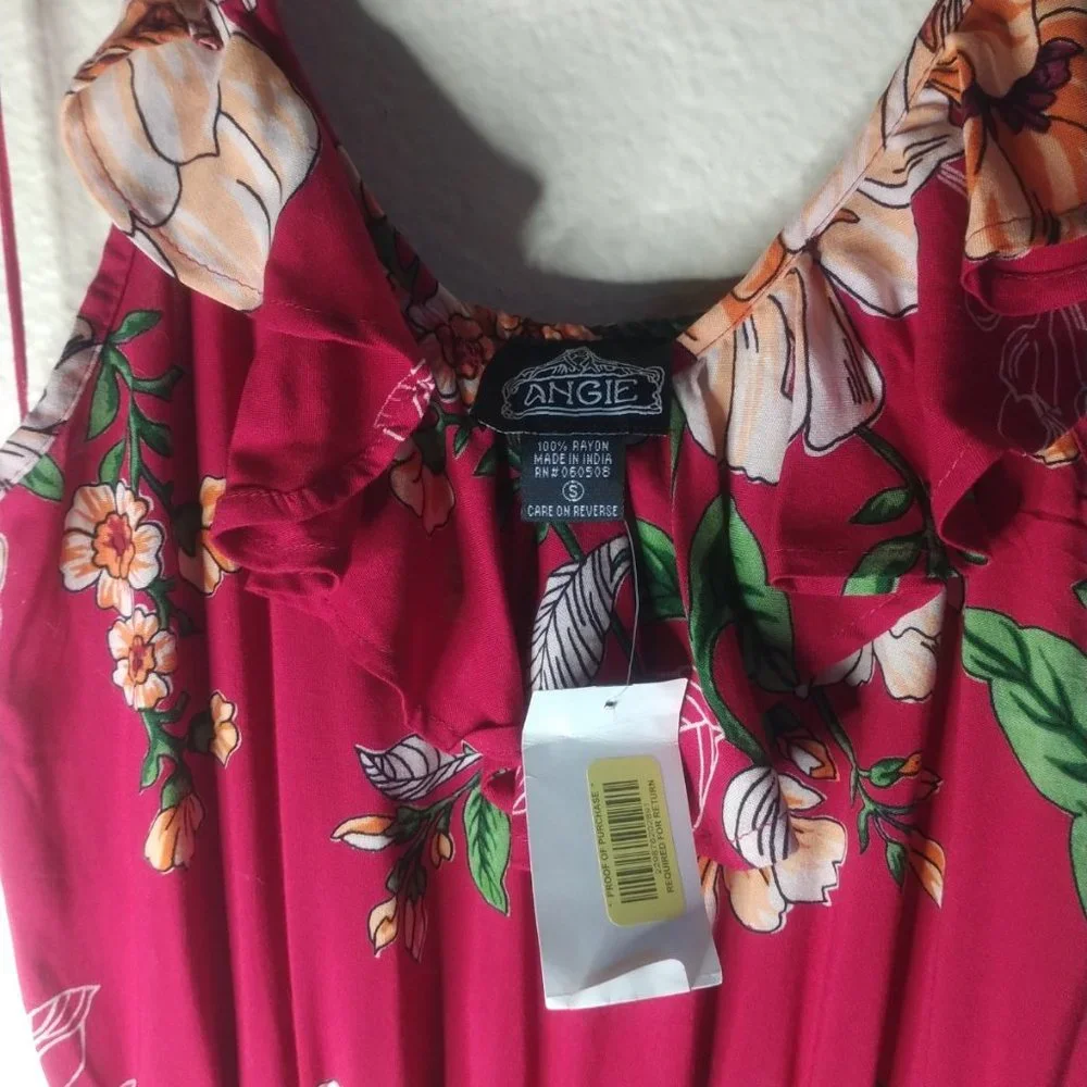 Angie Floral Maxi Dress High Low Ruffle Shorts Red - Picture 4 of 5